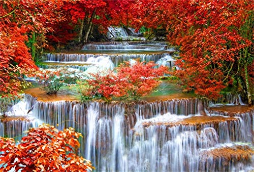 AOFOTO 12x10ft Falls Backdrop Cascades Photography Background Waterfall Nature Landscape Travel Adult Man Artistic Portrait Autumn Red Leaves Scenic Photo Shoot Studio Props Video Drop Wallpaper Drape - size: 12x10ft
