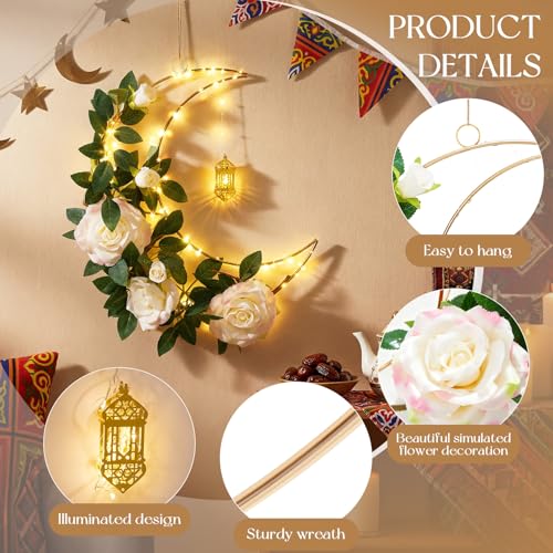 Ramadan 12.6 Inch Moon Wreath with LED Lights, Eid Mubarak Decorations for Home, Hanging Metal Crescent with Artificial Flowers & Greenery, Wall Door Decor for Ramadan Kareem Eid Celebration