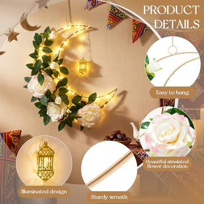 Ramadan 12.6 Inch Moon Wreath with LED Lights, Eid Mubarak Decorations for Home, Hanging Metal Crescent with Artificial Flowers & Greenery, Wall Door Decor for Ramadan Kareem Eid Celebration