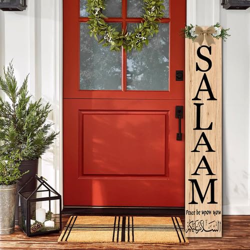 Salaam Weclome Sign for Front Door Peace Be Upon You Islamic Home Decor 8x48inch Vertical Wooden Eid Door Hanger for Muslim Islamic Wedding Gift