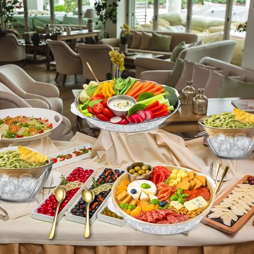 4 Set Gold Chilled Serving Tray and Dip Bowl for Parties, Chilled Serving Bowl Veggie tray Shrimp Cocktail Serving Dish with Salad Spoon & Fork, Tong and Forks for Fruit Seafood Vegetable Appetizer