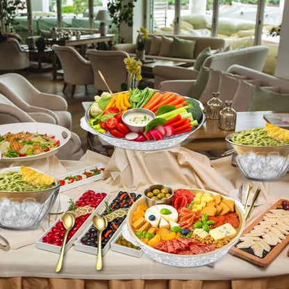 4 Set Gold Chilled Serving Tray and Dip Bowl for Parties, Chilled Serving Bowl Veggie tray Shrimp Cocktail Serving Dish with Salad Spoon & Fork, Tong and Forks for Fruit Seafood Vegetable Appetizer