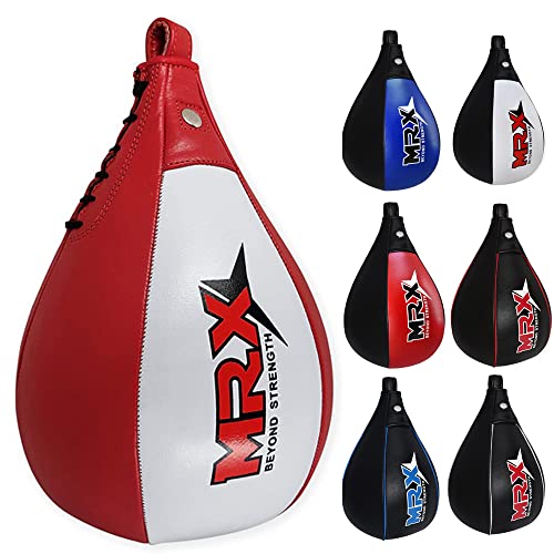 MRX Speed Punching Bags Genuine Leather MMA Training Speed Bag Muay Thai SpeedKills Punching, Dodge Striking Bag for Workout Pro Boxing Bag for Home Gym Kids, Men, Women - color: Red White