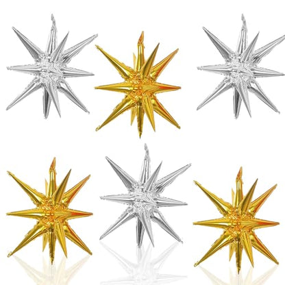 6 Pcs Silver Star Foil Balloons One-Piece 14-Pointed Star Balloon 4D Starburst Cone Mylar Balloon 22inch Christmas Birthday Wedding Wedding Anniversary Party Supplies (Silver + Gold) - color: 22 Inches Silver + Gold