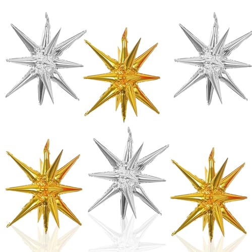 6 Pcs Silver Star Foil Balloons One-Piece 14-Pointed Star Balloon 4D Starburst Cone Mylar Balloon 22inch Christmas Birthday Wedding Wedding Anniversary Party Supplies (Silver + Gold) - color: 22 Inches Silver + Gold