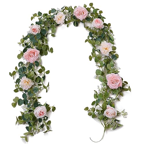 Anna's Whimsy 5.91FT Artificial Eucalyptus Garland with Flowers, Fake Rose Gypsophila Garland, Faux Floral Greenery Garlands for Wedding Spring Party Art Table Runner Decor (Pink, 1) - color: Pink, size: 1PCS