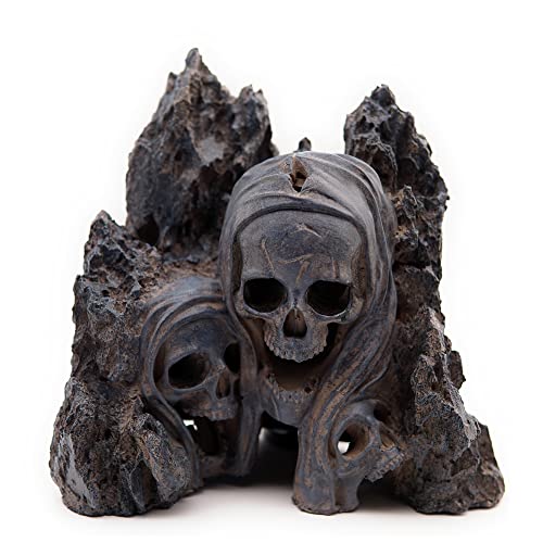Allcolor Aquarium Skull Rock Decor, Skull Canyon for 10+ Gallon Tanks | A three-skull canyon centerpiece combines dark fantasy character with rugged rock texture. - style: Skull Canyon