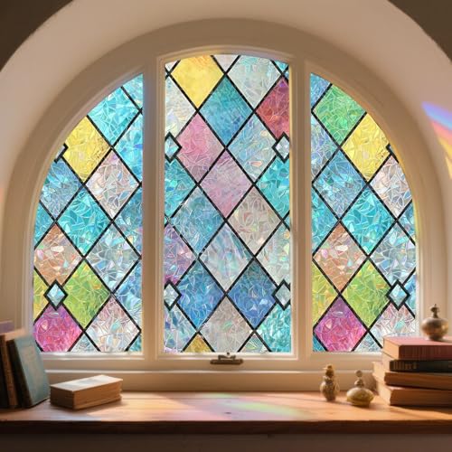 Window Privacy Film,Static Cling Stained Glass Window Film Rainbow Film Decorative,Non-Adhesive 3D Rainbow Frosting Sticker Anti-UV,Colorful Lattice Tint for Bathroom Home Door 17.5 x 78.7inch