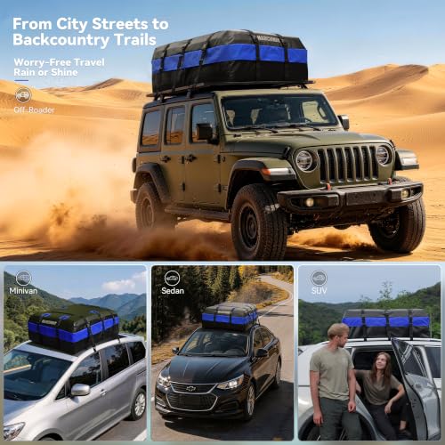 MARCHWAY Waterproof Car Roof Luggage Bag, Weatherproof Soft Shell Rooftop Cargo Carrier Bag for Vehicles with or Without Rack. 6 Door Hooks, Anti Slip Mat, Lock Included (21 Cubic Feet, Blue) - size: 21 Cubic Feet, Blue