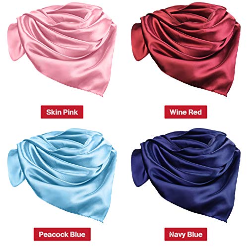 Syhood 4 Pcs 35 Inch Head Satin Large Bandana Satin Scarves Head Scarf for Women's Hair Square Scarf - color: Wine Red, Navy Blue, Sky Blue, Skin Pink