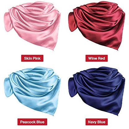 Syhood 4 Pcs 35 Inch Head Satin Large Bandana Satin Scarves Head Scarf for Women's Hair Square Scarf - color: Wine Red, Navy Blue, Sky Blue, Skin Pink
