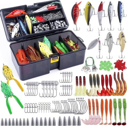 PLUSINNO Fishing Lures Fishing Tackle Box Fishing Gifts for Men, Bass, Trout Fishing Accessories Kit for Saltwater & Freshwater Fishing Gear Including Topwater Lures, Hooks, Spinnerbaits - color: 210pcs tackle box