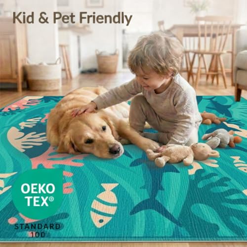 8'x10' Washable Flatwoven Rug, Teal Modern Wave Stain Resistant Extra Large Carpet for Dining Room, Large Office, Lounge, Non-Slip Chair-Friendly Mat | Ref:2068009 - color: Blue/Pattern 1, size: 8' x 10' (Rectangular)