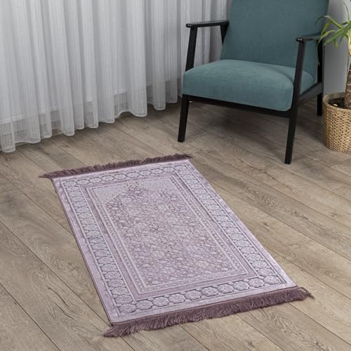 Modefa Velvet Prayer Rug - Soft Plush Turkish Janamaz Sajada Carpet for Men and Women - Plain Solid Prayer Mat Ramadan Eid Gift - with Prayer Beads - Luxury Floral Stamp (Lilac) - color: Lilac