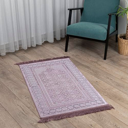 Modefa Velvet Prayer Rug - Soft Plush Turkish Janamaz Sajada Carpet for Men and Women - Plain Solid Prayer Mat Ramadan Eid Gift - with Prayer Beads - Luxury Floral Stamp (Lilac) - color: Lilac