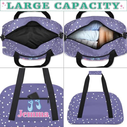 Custom Dance Ballet Duffle Bag for Girls, Personalized With Name, for Shoes, Overnight, Gym, Travel, Sleepover - Light Purple Background With White Dots - color: Color26