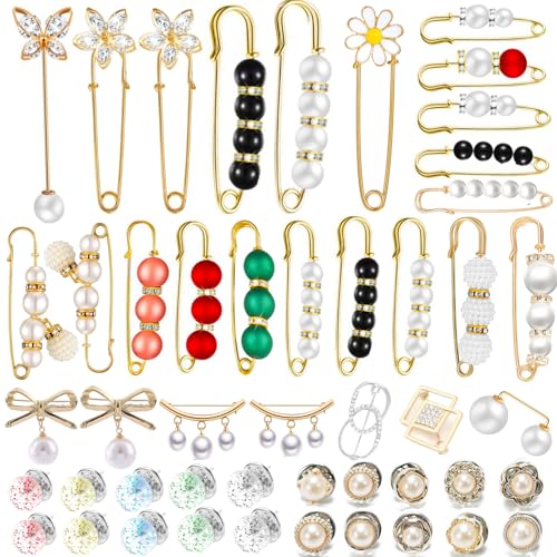 Faux Pearl Brooch Pins with Box, Sweater Shawl Safety Pins with Cover up Buttons Pins Brooches Sets for Women Dresses Pants Clothing - color: 48 PCS
