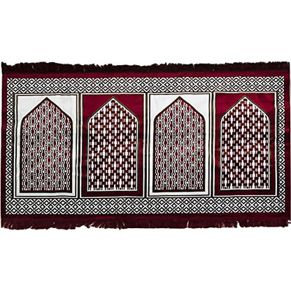 Modefa Turkish Islamic Prayer Rug | Multi Person Janamaz Sajada for Family | Velvet Wide Large Gathering & Group Praying Carpet Mat | Geometric Red & Green (Red - 4 Person) - color: Geometric Red - 4 Person
