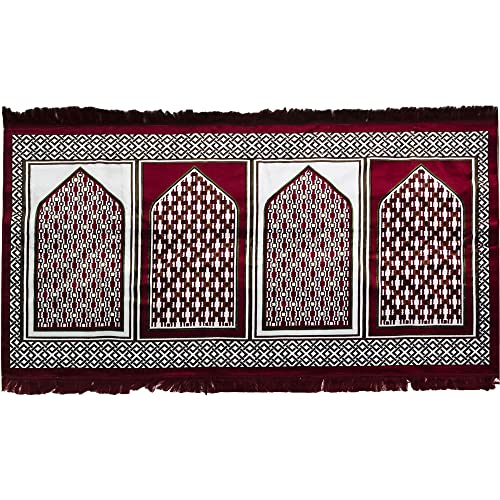 Modefa Turkish Islamic Prayer Rug | Multi Person Janamaz Sajada for Family | Velvet Wide Large Gathering & Group Praying Carpet Mat | Geometric Red & Green (Red - 4 Person) - color: Geometric Red - 4 Person