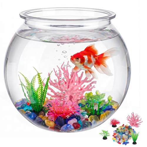 1 Gallon Clear Plastic Fish Bowl Set, Shatterproof Round Aquarium with Colorful Pebbles, 3 Artificial Plants and PVC Coral, Small Betta Fish Tank for Desk, Shelf, Home Decoration