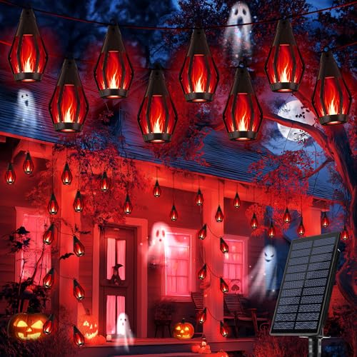 iBaycon Solar Halloween Lights, 42Ft 15 LED Bulbs Flickering Flame String Light, Outdoor Waterproof Solar Flame Lights for Garden Yard Patio Halloween Decorations (Red) - color: Red, size: 42FT