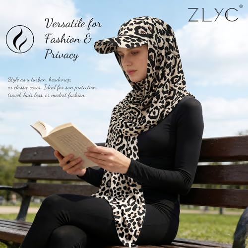 ZLYC Women Muslim Hijab Scarf with Visor Built-in Undercap Sun Protection Headwrap - color: Leopard Print