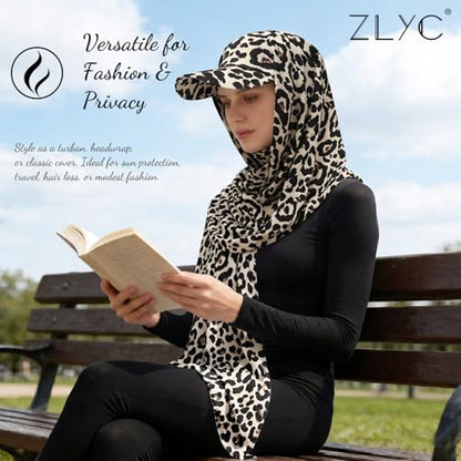 ZLYC Women Muslim Hijab Scarf with Visor Built-in Undercap Sun Protection Headwrap - color: Leopard Print