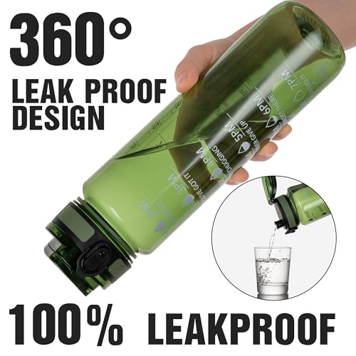 OLDLEY Water Bottle 32oz, Durable and Leakproof Water Bottles Motivational with Time Marker, Tritan, BPA Free, Wide Mouth, Gym, Travel, Home, School, Office, Olive - color: Olive