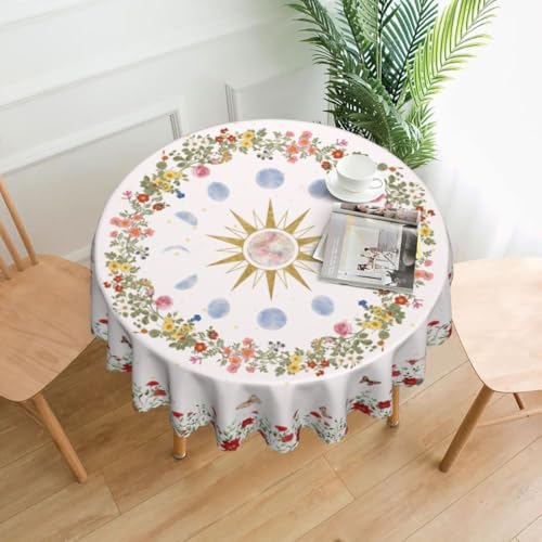 Moon Floral Tablecloth, Boho Moon Phase Astrology Mystical Gothic Wildflower Stars Witchy Water Resisitant Wipeable Table Cover for Dining Kitchen Living Room Home Party Holiday Decor 36 inch Round - color: Tc-boho Flower05, size: 36" (Round)