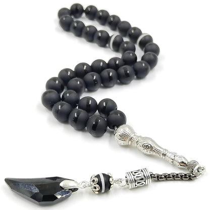 ALBASHAN Black Crystal Tasbih and agate tassel Muslim prayer beads 33 45 66 99 Misbaha rosary beads Islamic Eid ADHA gift - size: 8mm x 33beads