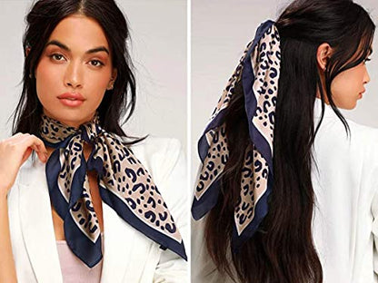 GERINLY Silk Hair Scarf Animal Print Leopard Neck Scarf Summer Neckerchief for Women Bag Purse Accessory - color: Khakinavy