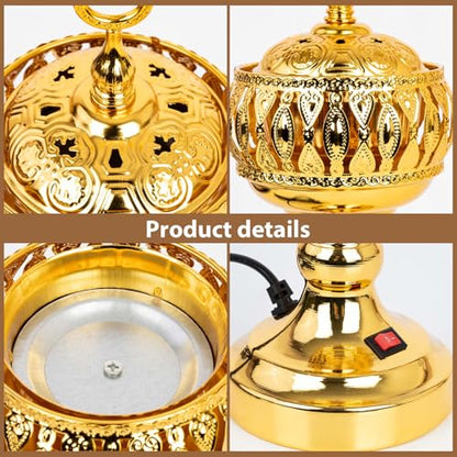 Golden Electric Incense Burner, Arabian Style Frankensense Electric Incense Holder with US Plug, Middle Eastern Tabletop Decorative Censer for Yoga Spa Home Office Christian Church Decor