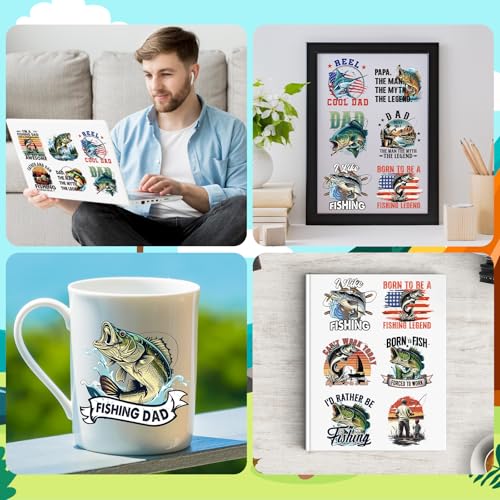 UV DTF Cup Stickers - 20 Sheets Fishing Dad Theme UV DTF Cup Wraps for 16 OZ, Fish UVDTF Decals, Waterproof Rub on Transfer Decal for Glass Mug, DIY Crafts - style: Fishing Dad