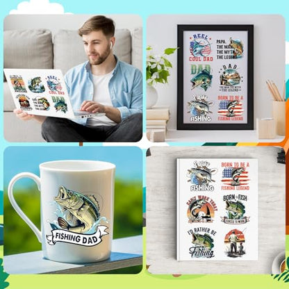 UV DTF Cup Stickers - 20 Sheets Fishing Dad Theme UV DTF Cup Wraps for 16 OZ, Fish UVDTF Decals, Waterproof Rub on Transfer Decal for Glass Mug, DIY Crafts - style: Fishing Dad