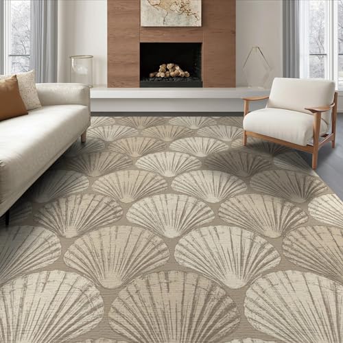 6'x9' Beige Beachy with Scallop Shell Motifs Washable Area Rug | Vintage Seaside Style, Distressed Maritime Non-Slip, Easy Care, for Family Room, Living Room, Mater Bedroom - color: Beige/Pattern 25, size: 6' x 9' (Rectangular)
