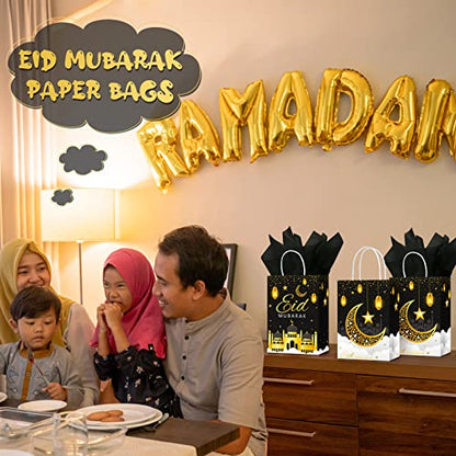 Censen 16 Sets Eid Mubarak Gift Bags with Tissue Paper, Ramadan Goodies Bags for Ramadan Party Supplies Favor (Black) - color: Black