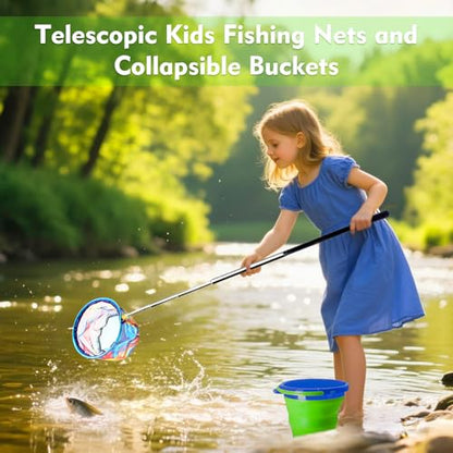 2PCS Kids Fishing Nets with Bucket - Telescoping Handle Retractable Landing Net Lightweight Aluminum Pole for Catch and Release Frog, Minnow, Butterfly, Crab, Beach and Creek Outdoor - color: BLUE