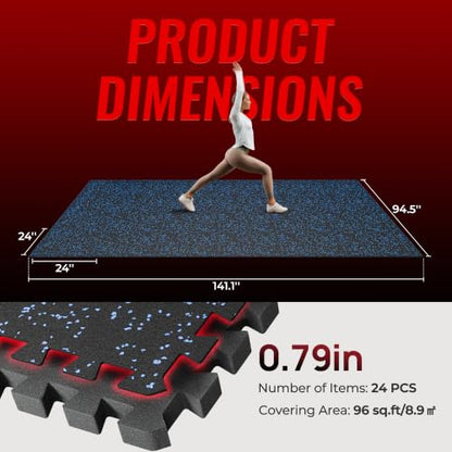 SUPERJARE 0.79'' Extra-Thick Exercise Equipment Mats, 24 Pcs 96 Sq Ft Rubber Top Floor Tiles with High Density EVA Foam, Interlocking Gym Flooring for Home Gym, Workout Mat, Black/Blue - size: 24 Tiles (96 Sq Ft)