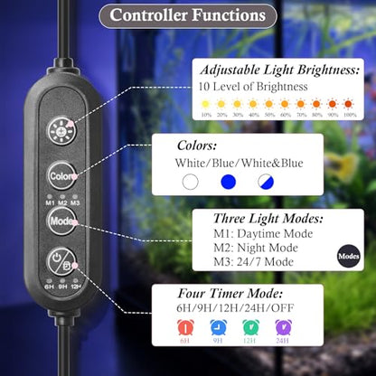 Dirvin LED Fish Tank Light with Timer, 24/7 Mode & 3 Color Aquarium Light | Submersible Adjustable Brightness, IP68 Waterproof, Sunrise-Daylight-Moonlight, Auto On/Off for Fresh and Salt Water, 6W - size: 11in