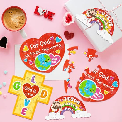 Haooryx Valentine's DIY Jigsaw Puzzle - 18 Pcs Jesus Loves You Colorful Cross Rainbow Heart Valentine’s Day Religious Paper Puzzle Exchange Gift Sunday School Educational Church Classroom Activity - style: Valentine’s Day DIY