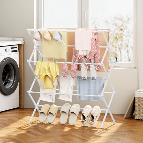 KINGBOARD Clothes Drying Rack, Collapsible Drying Rack Clothing with 11 Poles, 3-Tier Laundry Drying Rack, Small Clothes Drying Rack Foldable for Baby Clothes Sock Towel, 25lb Capacity, White - color: White