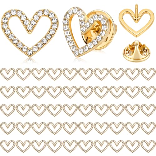 Tondiamo 50 Pcs Heart Brooch Pins, 1.5cm Rhinestone Heart Lapel Pins Small Hollow Crystal Brooches for Award Alloy Scarf Ring for Dress Hat Scarf Bag Pocket Clothing Wedding Party Bulk Gifts - color: Gold