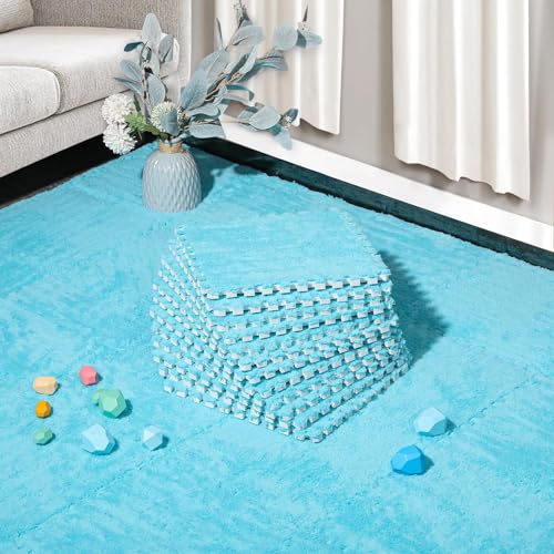 12 Pcs Plush Interlocking Carpet Tiles, Non-Toxic Foam Carpet Tiles for Toddler Baby, Anti-Slip, EVA Foam Interlocking Tiles for Floor, Nursery, Playroom, Blue - color: Blue, size: 12P