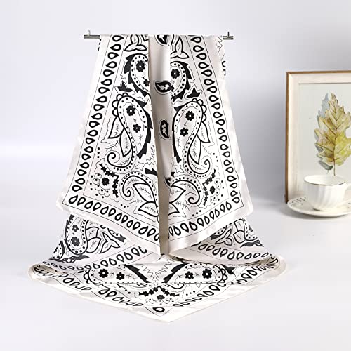 AWAYTR 35” Large Satin Square Head Scarf - 2Pcs Silk Like Floral Head Scarves Square Satin Hair Scarf Bandanas for Women - color: Cashews (Black+white)