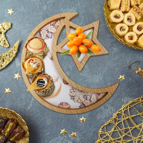 Eid Mubarak Tray, Wooden Star Moon Shaped Ramadan Tray, Decorative Serving Plate for Islamic Celebrations, Ramadan Serving Tray for Party