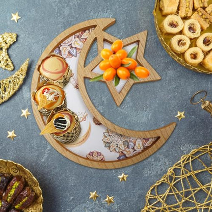 Eid Mubarak Tray, Wooden Star Moon Shaped Ramadan Tray, Decorative Serving Plate for Islamic Celebrations, Ramadan Serving Tray for Party