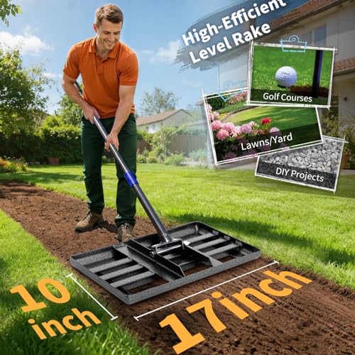 Lawn Leveling Rake, Heavy Duty Lawn Leveler with 17" x 10" Rakes Head Plate No Flipping, Smooth Garss Topsoil Dirt Sand, Metal Ground Leveling Tool with 5 ft Long Handle for Yard Garden Golf Course - size: 17"x10" , 5 ft