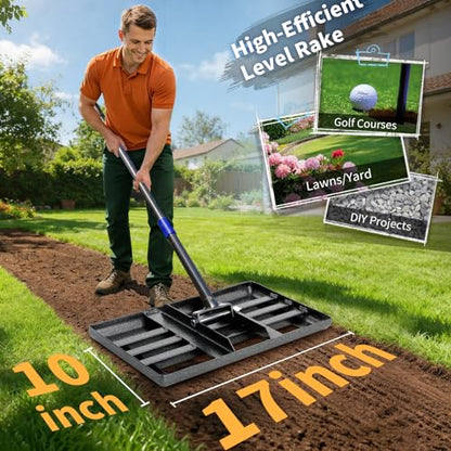 Lawn Leveling Rake, 6 FT Long Lawn Leveler with 17 x 10 Small Rakes Head for Smooth Garss Soil Dirt Sand, High Effect Long Handle Ground Leveling Tool with Round Edge for Yard Garden, No Flip - size: 17"x10" , 6 ft