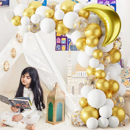 Eid Mubarak Decoration for Home 2026 - 89 White Gold Balloon Arch with Eid Mubarak Star Balloons,Star Moon Balloon Boxes,Ramadan Party Supplies Decorations for Ramadan Festival