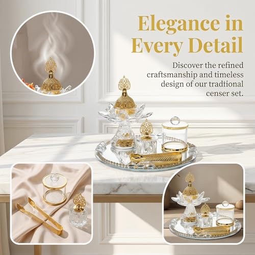 Generic Glass Incense Burner 5-Pieces Set Ramadan Decoration with Tray Storage Jar and Tongs Censer Arabian Incense Holder,Attractive Gold Incense Burner Set for Yoga SPA Desk Decor - style: Style D